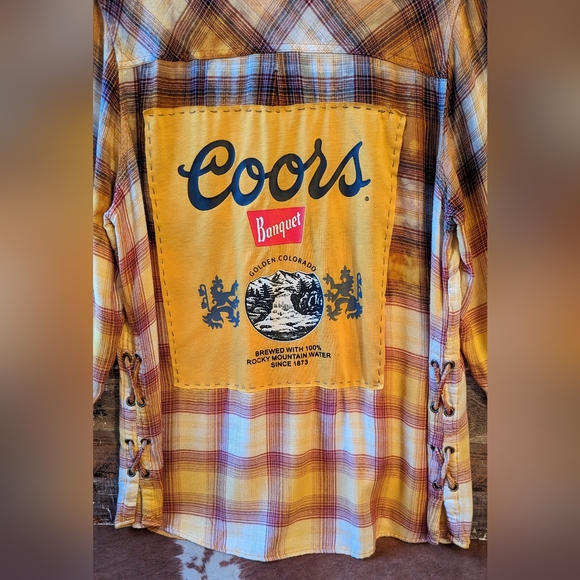 Coors Beer Upcycled Handcrafted Dip Dyed Bleached Flannel Shirt - Picture 4 of 13